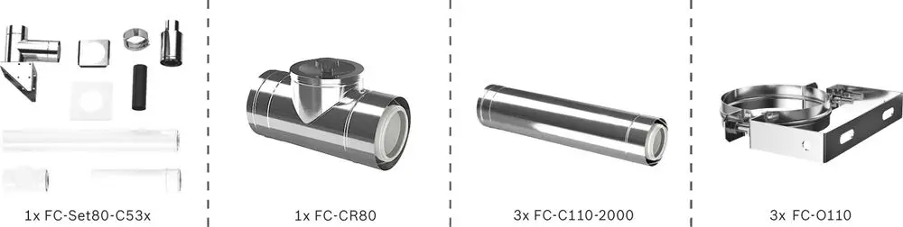 Zubehörset für ein Abgassystem mit verschiedenen Rohr- und Verbindungsteilen, einschließlich T-Stück und Halterungen, geeignet für Bosch-Produkte.